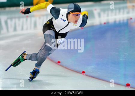 Wataru Morishige (JPN) tritt bei 500m Frauen während der ISU-Eisschnelllauf-WM Sprint und Allround am 3. März 2022 im Vikingskipet in Hamar, Norwegen, an Foto von SCS/Soenar Chamid/AFLO (HOLLAND OUT) Stockfoto