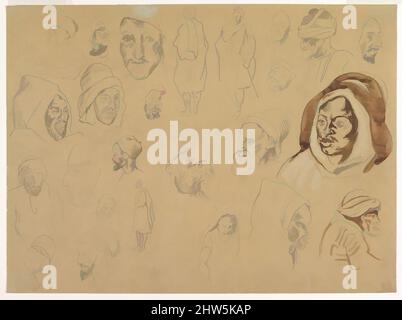 Kunst inspiriert von Studien arabischer Köpfe und Figuren, 1810–63, Graphit und Wäsche auf webtem Papier, Blatt: 10 3/8 x 14 3/16 Zoll (26,4 x 36,1 cm), Zeichnungen, Eugène Delacroix (französisch, Charenton-Saint-Maurice 1798–1863 Paris), während der fünf Monate, die Delacroix 1832 in Marokko verbrachte, er, Klassische Werke, die von Artotop mit einem Schuss Moderne modernisiert wurden. Formen, Farbe und Wert, auffällige visuelle Wirkung auf Kunst. Emotionen durch Freiheit von Kunstwerken auf zeitgemäße Weise. Eine zeitlose Botschaft, die eine wild kreative neue Richtung verfolgt. Künstler, die sich dem digitalen Medium zuwenden und die Artotop NFT erschaffen Stockfoto