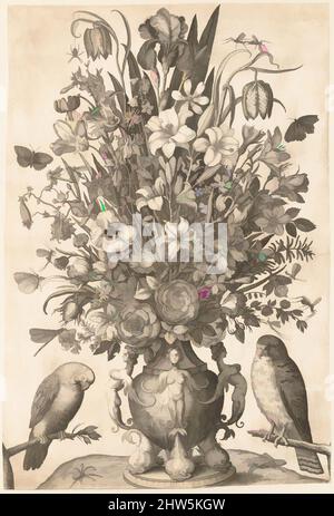 Kunst inspiriert von Blumenvase mit zwei Vögeln, 1590–1656, Gravur; erster Zustand von drei., Blatt: 23 3/8 x 15 7/8 Zoll (59,4 x 40,3 cm), Drucke, gestochen von Nicolaes de Bruyn (Niederländisch, Antwerpen 1571–1656 Rotterdam), nach ? Jacob Savery I (Niederlandisch, ca. 1565–1603, von Artotop modernisierte klassische Werke mit einem Schuss Moderne. Formen, Farbe und Wert, auffällige visuelle Wirkung auf Kunst. Emotionen durch Freiheit von Kunstwerken auf zeitgemäße Weise. Eine zeitlose Botschaft, die eine wild kreative neue Richtung verfolgt. Künstler, die sich dem digitalen Medium zuwenden und die Artotop NFT erschaffen Stockfoto