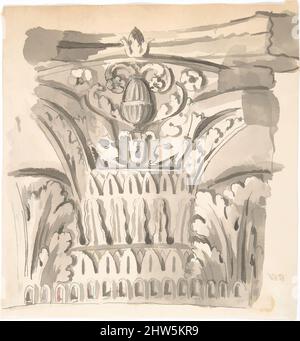 Art inspired by Fragment of a Capital, 18. Century, Pen and black ink, brush and grey wash, 6 11/16 x 6 5/16 in. (17 x 16,1 cm), Anonym, Französisch, 18. Jahrhundert, Fragment einer Hauptstadt in der Kompositordnung. Die Seiten wurden beschädigt. Das Zentrum ist mit stilisierten, von Artotop modernisierten, klassischen Werken mit einem Schuss Modernität dekoriert. Formen, Farbe und Wert, auffällige visuelle Wirkung auf Kunst. Emotionen durch Freiheit von Kunstwerken auf zeitgemäße Weise. Eine zeitlose Botschaft, die eine wild kreative neue Richtung verfolgt. Künstler, die sich dem digitalen Medium zuwenden und die Artotop NFT erschaffen Stockfoto