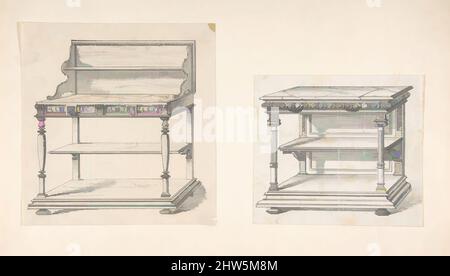 Kunst inspiriert von zwei Designs für Serviertische, 19. Century, Graphite, (A) 5 1/16 x 5 5/8 Zoll (12,9 x 14,3 cm), Zeichnungen, Anonym, Französisch, 19. Jahrhundert, Klassische Werke, die von Artotop mit einem Hauch von Moderne modernisiert wurden. Formen, Farbe und Wert, auffällige visuelle Wirkung auf Kunst. Emotionen durch Freiheit von Kunstwerken auf zeitgemäße Weise. Eine zeitlose Botschaft, die eine wild kreative neue Richtung verfolgt. Künstler, die sich dem digitalen Medium zuwenden und die Artotop NFT erschaffen Stockfoto