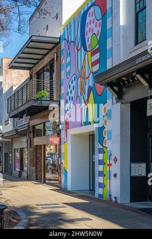 Bemaltes Wandgemälde mit der Fassade namens „Levanta e Tai“ (Portugiesisch für „Get Up and Go“) des Künstlers Yoyo Ferro im Pop Uptown am Broadway in Uptown Columbus, GA. Stockfoto