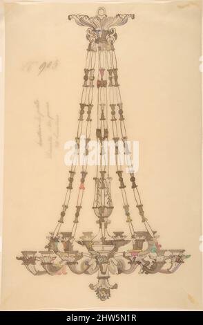 Art Inspired by Design for a Hanging Chandelier, 19. Century, Stift und braune Tinte, Blatt: 10 1/4 x 6 13/16 Zoll (26 x 17,3 cm), Zeichnungen, Anonym, Französisch, 19. Jahrhundert, Klassische Werke, die von Artotop mit einem Hauch von Moderne modernisiert wurden. Formen, Farbe und Wert, auffällige visuelle Wirkung auf Kunst. Emotionen durch Freiheit von Kunstwerken auf zeitgemäße Weise. Eine zeitlose Botschaft, die eine wild kreative neue Richtung verfolgt. Künstler, die sich dem digitalen Medium zuwenden und die Artotop NFT erschaffen Stockfoto