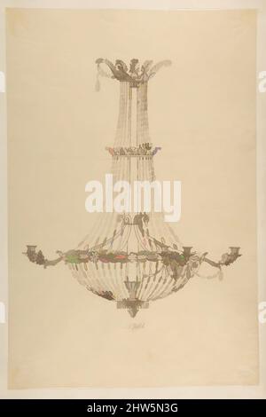 Art Inspired by Design for a Chandelier, 19. Century, Stift und braune Tinte, Blatt: 15 5/8 x 10 5/16 Zoll (39,7 x 26,2 cm), Zeichnungen, Anonym, Französisch, 19. Jahrhundert, Klassische Werke, die von Artotop mit einem Hauch von Moderne modernisiert wurden. Formen, Farbe und Wert, auffällige visuelle Wirkung auf Kunst. Emotionen durch Freiheit von Kunstwerken auf zeitgemäße Weise. Eine zeitlose Botschaft, die eine wild kreative neue Richtung verfolgt. Künstler, die sich dem digitalen Medium zuwenden und die Artotop NFT erschaffen Stockfoto