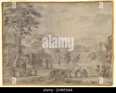 Kunst inspiriert von Landschaft mit Weinlese, ca. 1630, Pinsel und Grauwäsche, Berührung mit Stift und brauner Tinte, über Spuren schwarzer Kreide, mit einem illusionistischen Rahmen in gelber und brauner Wäsche gezeichnet, Blatt: 14 9/16 x 19 5/16 Zoll (37 x 49 cm), Zeichnungen, Pietro da Cortona (Pietro Berrettini) (, Klassische Werke, die von Artotop mit einem Schuss Moderne modernisiert wurden. Formen, Farbe und Wert, auffällige visuelle Wirkung auf Kunst. Emotionen durch Freiheit von Kunstwerken auf zeitgemäße Weise. Eine zeitlose Botschaft, die eine wild kreative neue Richtung verfolgt. Künstler, die sich dem digitalen Medium zuwenden und die Artotop NFT erschaffen Stockfoto