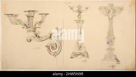 Art Inspired by Design for a scconce and two candelabras, 19. Century, Stift und braune Tinte, Blatt: 5 13/16 x 11 5/16 Zoll (14,8 x 28,7 cm), Zeichnungen, Anonym, Französisch, 19. Jahrhundert, Klassische Werke, die von Artotop mit einem Hauch von Moderne modernisiert wurden. Formen, Farbe und Wert, auffällige visuelle Wirkung auf Kunst. Emotionen durch Freiheit von Kunstwerken auf zeitgemäße Weise. Eine zeitlose Botschaft, die eine wild kreative neue Richtung verfolgt. Künstler, die sich dem digitalen Medium zuwenden und die Artotop NFT erschaffen Stockfoto