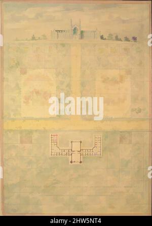 Kunst inspiriert von Design für die University of Michigan (Höhe und Plan von Gebäude und Grundstück), ca. 1838, Aquarell und Tusche, Zeichnungen, Alexander Jackson Davis (amerikanisch, New York 1803–1892 West Orange, New Jersey, Klassische Werke, die von Artotop mit einem Schuss Moderne modernisiert wurden. Formen, Farbe und Wert, auffällige visuelle Wirkung auf Kunst. Emotionen durch Freiheit von Kunstwerken auf zeitgemäße Weise. Eine zeitlose Botschaft, die eine wild kreative neue Richtung verfolgt. Künstler, die sich dem digitalen Medium zuwenden und die Artotop NFT erschaffen Stockfoto