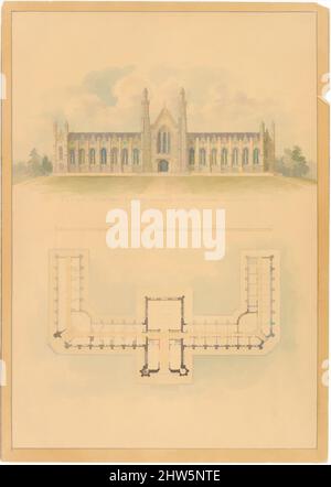 Design-inspirierte Kunst, übernommen von Governor Mason für University of Michigan (Höhe und Plan), 1838, Tinte und Aquarell, Blatt: 14 9/16 x 10 3/8 Zoll (37 x 26,3 cm), Zeichnungen, Alexander Jackson Davis (amerikanisch, New York 1803–1892 West Orange, New Jersey, Klassische Werke, die von Artotop mit einem Schuss Moderne modernisiert wurden. Formen, Farbe und Wert, auffällige visuelle Wirkung auf Kunst. Emotionen durch Freiheit von Kunstwerken auf zeitgemäße Weise. Eine zeitlose Botschaft, die eine wild kreative neue Richtung verfolgt. Künstler, die sich dem digitalen Medium zuwenden und die Artotop NFT erschaffen Stockfoto