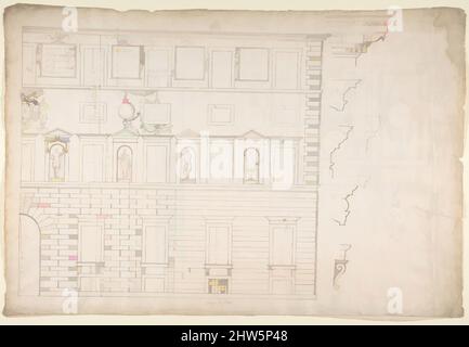 Kunst inspiriert von Palazzo Spada (Capodiferro), rechte Hälfte, Höhe; Details Profile (recto) Wand, innen, Höhe; Decke, innen, Plan (verso), Anfang bis Mitte des 16.. Jahrhunderts, dunkelbraune Tinte, schwarze Kreide und eingeschnittene Linien, Blatt: 11 5/8 x 17 5/16 Zoll (29,5 x 44 cm), Zeichnungen, Klassische Werke, die von Artotop mit einem Schuss Moderne modernisiert wurden. Formen, Farbe und Wert, auffällige visuelle Wirkung auf Kunst. Emotionen durch Freiheit von Kunstwerken auf zeitgemäße Weise. Eine zeitlose Botschaft, die eine wild kreative neue Richtung verfolgt. Künstler, die sich dem digitalen Medium zuwenden und die Artotop NFT erschaffen Stockfoto