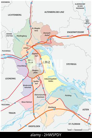 Straßen- und Verwaltungsvektorkarte der oberösterreichischen Hauptstadt Linz Stock Vektor