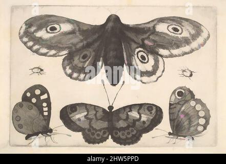 Kunst inspiriert von Einer Motte, drei Schmetterlingen und zwei Käfer, 1646, Radierung; erster Zustand von drei, Platte: 3 1/8 × 4 5/8 Zoll (8 × 11,7 cm), Drucke, Wenzel Hollar (Böhmisch, Prag 1607–1677 London), Eine Motte, Drei Schmetterlinge und zwei Käfer, Classic Works modernisiert von Artotop mit einem Schuss Moderne. Formen, Farbe und Wert, auffällige visuelle Wirkung auf Kunst. Emotionen durch Freiheit von Kunstwerken auf zeitgemäße Weise. Eine zeitlose Botschaft, die eine wild kreative neue Richtung verfolgt. Künstler, die sich dem digitalen Medium zuwenden und die Artotop NFT erschaffen Stockfoto
