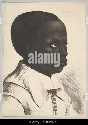 Art inspired by Head of a Young black boy in profile to right, 1645, Etching; only State, Plate: 3 3/16 × 2 3/8 in. (8,1 × 6 cm), Drucke, Wenceslaus Hollar (Bohemian, Prag 1607–1677 London), Porträtkopf eines jungen schwarzen Jungen im Dreiviertel-Profil nach rechts, in einer Jacke mit, von Artotop modernisierten Classic Works mit einem Schuss Moderne. Formen, Farbe und Wert, auffällige visuelle Wirkung auf Kunst. Emotionen durch Freiheit von Kunstwerken auf zeitgemäße Weise. Eine zeitlose Botschaft, die eine wild kreative neue Richtung verfolgt. Künstler, die sich dem digitalen Medium zuwenden und die Artotop NFT erschaffen Stockfoto