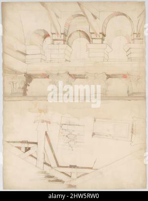 Kunst inspiriert vom Pantheon, Portikus, Plan (recto) Pantheon, Portikus, Details und Perspektive (verso), Anfang bis Mitte des 16.. Jahrhunderts, dunkelbraune Tinte, schwarze Kreide und eingeschnittene Linien, Blatt: 23 1/4 x 17 5/16 Zoll (59 x 44 cm, Classic Works modernisiert von Artotop mit einem Schuss Modernität. Formen, Farbe und Wert, auffällige visuelle Wirkung auf Kunst. Emotionen durch Freiheit von Kunstwerken auf zeitgemäße Weise. Eine zeitlose Botschaft, die eine wild kreative neue Richtung verfolgt. Künstler, die sich dem digitalen Medium zuwenden und die Artotop NFT erschaffen Stockfoto