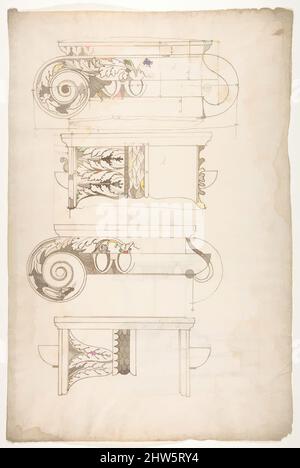 Kunst inspiriert von nicht identifizierten, ionischen Kapitellen, zwei vorderen und seitlichen Erhebungen (recto) dorischen Impost, Erhebung der Entablatur (verso), Anfang bis Mitte des 16.. Jahrhunderts, dunkelbraune Tinte, schwarze Kreide und eingeschnittene Linien, Blatt: 17 5/16 x 11 7/16 Zoll (44 x 29 cm, Classic Works modernisiert von Artotop mit einem Schuss Modernität. Formen, Farbe und Wert, auffällige visuelle Wirkung auf Kunst. Emotionen durch Freiheit von Kunstwerken auf zeitgemäße Weise. Eine zeitlose Botschaft, die eine wild kreative neue Richtung verfolgt. Künstler, die sich dem digitalen Medium zuwenden und die Artotop NFT erschaffen Stockfoto