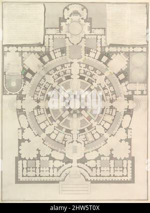 Kunst inspiriert von Plan eines geräumigen und prächtigen College nach der alten Turnhalle der Griechen und die Bäder der Römer entworfen..., aus Opere Varie di Architettura, prosperative, grotteschi, antichità; inventate, ed incise da Giambattista Piranesi Architetto Veneziano (verschiedene, klassische Werke, die von Artotop mit einem Schuss Modernität modernisiert wurden. Formen, Farbe und Wert, auffällige visuelle Wirkung auf Kunst. Emotionen durch Freiheit von Kunstwerken auf zeitgemäße Weise. Eine zeitlose Botschaft, die eine wild kreative neue Richtung verfolgt. Künstler, die sich dem digitalen Medium zuwenden und die Artotop NFT erschaffen Stockfoto