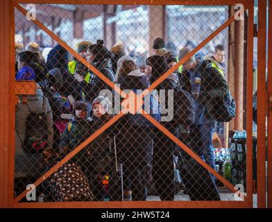 Przemysl, Polen. 04. März 2022. Nach der Ankunft mit dem Zug aus Kiew stehen Flüchtlinge am frühen Morgen am Bahnhof Przemysl in der Nähe der ukrainisch-polnischen Grenze bei der Passkontrolle. Hier treffen täglich Menschen ein, die vor dem Krieg in der Ukraine fliehen. Quelle: Kay Nietfeld/dpa/Alamy Live News Stockfoto