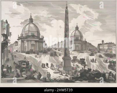 Kunst inspiriert von der Piazza del Popolo (Veduta della Piazza del Popolo), ca. 1750, Radierung, Bild: 14 15/16 x 21 1/4 Zoll (38 x 54 cm), Giovanni Battista Piranesi (Italienisch, Mogliano Veneto 1720–1778 Rom), bis zum Bau der Eisenbahn in Rom im neunzehnten Jahrhundert, Besucher, Klassische Werke von Artotop mit einem Schuss Moderne modernisiert. Formen, Farbe und Wert, auffällige visuelle Wirkung auf Kunst. Emotionen durch Freiheit von Kunstwerken auf zeitgemäße Weise. Eine zeitlose Botschaft, die eine wild kreative neue Richtung verfolgt. Künstler, die sich dem digitalen Medium zuwenden und die Artotop NFT erschaffen Stockfoto