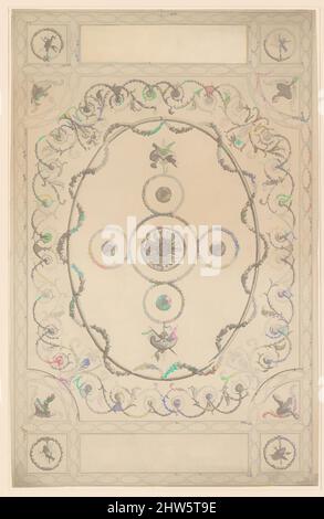 Art Inspired by Design for a Ceiling, an Oblong with an Oval Center, 1743–96, Pen and Wash, Blatt: 13 3/8 x 21 5/8 Zoll (34 x 55 cm), Sir William Chambers (britisch (geboren Schweden), Göteborg 1723–1796 London, Klassische Werke, die von Artotop mit einem Schuss Moderne modernisiert wurden. Formen, Farbe und Wert, auffällige visuelle Wirkung auf Kunst. Emotionen durch Freiheit von Kunstwerken auf zeitgemäße Weise. Eine zeitlose Botschaft, die eine wild kreative neue Richtung verfolgt. Künstler, die sich dem digitalen Medium zuwenden und die Artotop NFT erschaffen Stockfoto