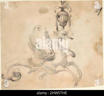 Kunst inspiriert von geflügeltem Hippocamp mit einer Vase (recto); Figure Studies and Architectural Design (verso), 16.–Anfang des 17.. Jahrhunderts, Stift und braune Tinte, Pinsel und braune Wäsche, über roter Kreide (recto); Stift und braune Tinte, Pinsel und graue Wäsche, über roter Kreide., 4 1/2 x 5 5/16 cm (11,4 x 13., Classic Works modernisiert von Artotop mit einem Schuss Moderne. Formen, Farbe und Wert, auffällige visuelle Wirkung auf Kunst. Emotionen durch Freiheit von Kunstwerken auf zeitgemäße Weise. Eine zeitlose Botschaft, die eine wild kreative neue Richtung verfolgt. Künstler, die sich dem digitalen Medium zuwenden und die Artotop NFT erschaffen Stockfoto