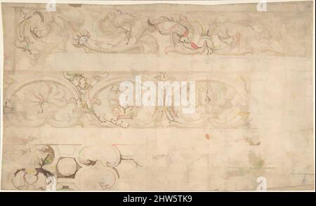 Kunst inspiriert von Ornamental Design nach der Antike; Bands von Acanthus Rinceaux, Figurierte Palmetten und Muschelkartuschen, 15.–16. Jahrhundert, Stift und braune Tinte, Pinsel und braune Wäsche, über Leitpunkt (?) Unterzeichnung, 6 1/16 x 10 1/4 Zoll (15,4 x 26 cm), Zeichnungen, Anonymous, Italienisch, Klassische Werke, die von Artotop mit einem Schuss Moderne modernisiert wurden. Formen, Farbe und Wert, auffällige visuelle Wirkung auf Kunst. Emotionen durch Freiheit von Kunstwerken auf zeitgemäße Weise. Eine zeitlose Botschaft, die eine wild kreative neue Richtung verfolgt. Künstler, die sich dem digitalen Medium zuwenden und die Artotop NFT erschaffen Stockfoto