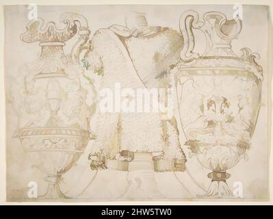 Kunst inspiriert von Ornamental Design mit Amphore und Antique Style Armor, 16. Century, Stift und brauner Tinte über Spuren von schwarzer Kreide oder Leitpunkt; partielle Rahmenlinie, 6 11/16 x 9 Zoll (17 x 22,8 cm), Zeichnungen, After Polidoro da Caravaggio (italienisch, Caravaggio ca. 1499–ca. 1543 Messina, Classic Works modernisiert von Artotop mit einem Schuss Moderne. Formen, Farbe und Wert, auffällige visuelle Wirkung auf Kunst. Emotionen durch Freiheit von Kunstwerken auf zeitgemäße Weise. Eine zeitlose Botschaft, die eine wild kreative neue Richtung verfolgt. Künstler, die sich dem digitalen Medium zuwenden und die Artotop NFT erschaffen Stockfoto