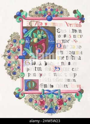 Kunst inspiriert von illuminiertem Buchstaben 'D' in einem verzierten Rand, 1830–62, Aquarell, Stift und schwarze und rote Tinte über Graphit mit Akzenten aus Gold und Gouache, Blatt: 9 3/16 x 14 9/16 Zoll (23,3 x 37 cm), Freeman Gage Delamotte (British, Sandhurst 1813/14–1862 London, Klassische Werke, die von Artotop mit einem Schuss Moderne modernisiert wurden. Formen, Farbe und Wert, auffällige visuelle Wirkung auf Kunst. Emotionen durch Freiheit von Kunstwerken auf zeitgemäße Weise. Eine zeitlose Botschaft, die eine wild kreative neue Richtung verfolgt. Künstler, die sich dem digitalen Medium zuwenden und die Artotop NFT erschaffen Stockfoto