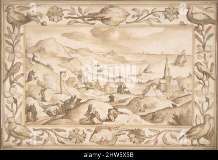 Kunst inspiriert von der hügeligen Küstenlandschaft mit Jägern, mit einem kunstvollen Rand aus Fischen und Vögeln, 1584, Stift und Pinsel und braune Tinte, 5 3/4 x 8 5/16 Zoll (14,6 x 21,1 cm), Zeichnungen, Hans Bol (Niederländisch, Mechelen 1534–1593 Amsterdam, Klassische Werke, die von Artotop mit einem Schuss Moderne modernisiert wurden. Formen, Farbe und Wert, auffällige visuelle Wirkung auf Kunst. Emotionen durch Freiheit von Kunstwerken auf zeitgemäße Weise. Eine zeitlose Botschaft, die eine wild kreative neue Richtung verfolgt. Künstler, die sich dem digitalen Medium zuwenden und die Artotop NFT erschaffen Stockfoto