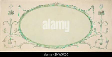 Art Inspired by Design for a Mirror in Form eines horizontalen Ovals, Elevation, Mid-18.–early 19. Century, Pen and Wash, Sheet: 3 9/16 x 7 1/2 in. (9 x 19 cm), James Wyatt (British, Weeford, Stafforshire 1746–1813 bei Marlborough, Wiltshire, Klassische Werke, die von Artotop mit einem Schuss Moderne modernisiert wurden. Formen, Farbe und Wert, auffällige visuelle Wirkung auf Kunst. Emotionen durch Freiheit von Kunstwerken auf zeitgemäße Weise. Eine zeitlose Botschaft, die eine wild kreative neue Richtung verfolgt. Künstler, die sich dem digitalen Medium zuwenden und die Artotop NFT erschaffen Stockfoto