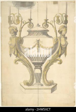 Kunst inspiriert von Kerzenleuchtern in Form einer Urne, umrastet von Carytides und Kerzenzweigen, 1760–1806, Stift und Tinte und Pinsel und Wasch, Blatt: 9 7/8 x 7 Zoll (25,1 x 17,8 cm), zugeschrieben Henry Holland (British, Fulham, London 1745–1806 Chelsea, London, Klassische Werke, die von Artotop mit einem Schuss Moderne modernisiert wurden. Formen, Farbe und Wert, auffällige visuelle Wirkung auf Kunst. Emotionen durch Freiheit von Kunstwerken auf zeitgemäße Weise. Eine zeitlose Botschaft, die eine wild kreative neue Richtung verfolgt. Künstler, die sich dem digitalen Medium zuwenden und die Artotop NFT erschaffen Stockfoto