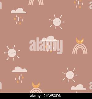 Böhmisches Regenbogenmuster. Kindisch Vektor nahtloses Muster mit Himmel, Wolken, Regen, Sonne, Mond. Niedliche handgezeichnete Illustration im skandinavischen Stil Stock Vektor