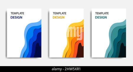 Vektorgrafik, Vorlage für Dokumentenmodell, einfache Farbanpassung. Topografischer Stil mit Papierschnitt und farbenfroher Wellenschicht. Geeignet für Bucheinband, Stock Vektor