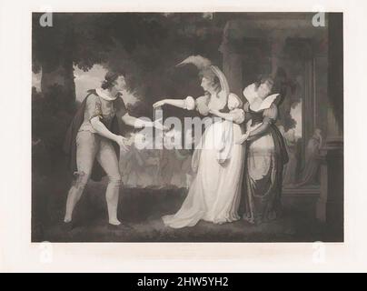 Kunst inspiriert von Before the Duke's Palace – Rosalind, Celia, Orlando, The Duke & Attendants (Shakespeare, As You Like IT, Akt 1, Szene 2), 4. Juni 1800, Stichgravur, Bild: 17 3/16 x 23 3/8 Zoll (43,6 x 59,4 cm), Drucke, After John Downman (British, Ruabon, Wales 1750–1824 Wrexham, Klassische Werke, die von Artotop mit einem Schuss Moderne modernisiert wurden. Formen, Farbe und Wert, auffällige visuelle Wirkung auf Kunst. Emotionen durch Freiheit von Kunstwerken auf zeitgemäße Weise. Eine zeitlose Botschaft, die eine wild kreative neue Richtung verfolgt. Künstler, die sich dem digitalen Medium zuwenden und die Artotop NFT erschaffen Stockfoto