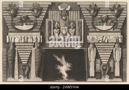 Kunst inspiriert von Chimneypiece im ägyptischen Stil: Zwei Mumien im Profil auf der linken Seite und zwei Figuren mit Obelisken auf der rechten Seite (Ch. à l'ègyptienne), aus verschiedenen Maniere d'adornare i cammini ed ogni altra parte degli edifizi...(verschiedene Arten der Verzierung von Schimneystücken und allen, Klassische Werke von Artotop mit einem Schuss Moderne modernisiert. Formen, Farbe und Wert, auffällige visuelle Wirkung auf Kunst. Emotionen durch Freiheit von Kunstwerken auf zeitgemäße Weise. Eine zeitlose Botschaft, die eine wild kreative neue Richtung verfolgt. Künstler, die sich dem digitalen Medium zuwenden und die Artotop NFT erschaffen Stockfoto