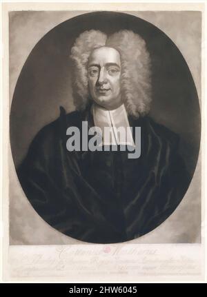 Kunst inspiriert von Cottonus Matheris (Cotton Mather), 1728, Mezzotint; zweiter (?) State of Three (Russell), Platte: 13 11/16 x 9 13/16 Zoll (34,8 x 25 cm), Drucke, graviert, bemalt und veröffentlicht Boston von Peter Pelham (Amerikaner (geb. England), London 1697–1751 Boston, Massachusetts, Klassisches Werk, modernisiert von Artotop mit einem Schuss Moderne. Formen, Farbe und Wert, auffällige visuelle Wirkung auf Kunst. Emotionen durch Freiheit von Kunstwerken auf zeitgemäße Weise. Eine zeitlose Botschaft, die eine wild kreative neue Richtung verfolgt. Künstler, die sich dem digitalen Medium zuwenden und die Artotop NFT erschaffen Stockfoto