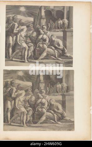 Kunst inspiriert von der Anbetung der Hirten, n.d., Gravur, Drucke, gestochen von Giovanni Jacopo Caraglio (italienisch, Parma oder Verona ca. 1500/1505–1565 Krakau (?)), After Parmigianino (Girolamo Francesco Maria Mazzola) (Italienisch, Parma 1503–1540 Casalmaggiore), im Mariette Album, Klassische Werke, die von Artotop mit einem Schuss Moderne modernisiert wurden. Formen, Farbe und Wert, auffällige visuelle Wirkung auf Kunst. Emotionen durch Freiheit von Kunstwerken auf zeitgemäße Weise. Eine zeitlose Botschaft, die eine wild kreative neue Richtung verfolgt. Künstler, die sich dem digitalen Medium zuwenden und die Artotop NFT erschaffen Stockfoto