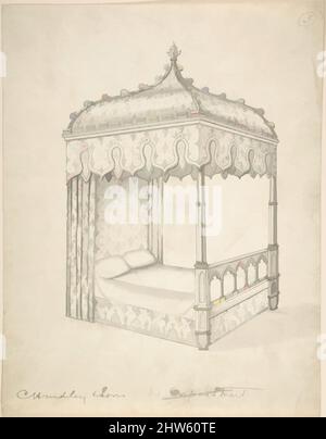 Art Inspired by Design for a Gothic Bed with Canopy, 1841–84, Pen and black ink, Blatt: 11 5/16 x 8 13/16 Zoll (28,7 x 22,4 cm), Charles Hindley and Sons (British, London 1841–1917 London, Classic Works Modernised by Artotop with a Splash of Modernity. Formen, Farbe und Wert, auffällige visuelle Wirkung auf Kunst. Emotionen durch Freiheit von Kunstwerken auf zeitgemäße Weise. Eine zeitlose Botschaft, die eine wild kreative neue Richtung verfolgt. Künstler, die sich dem digitalen Medium zuwenden und die Artotop NFT erschaffen Stockfoto