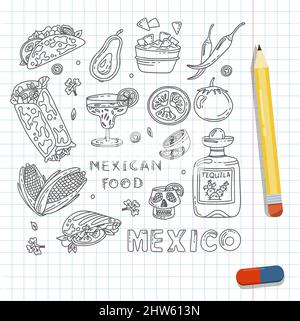 Mexikanische Küche, Vector Doodle Food Set. Nationale scharfe Speisen, Fast Food, Snacks. Skizzendarstellung für Restaurant, Menü, Café. Fiesta mexicana Stock Vektor