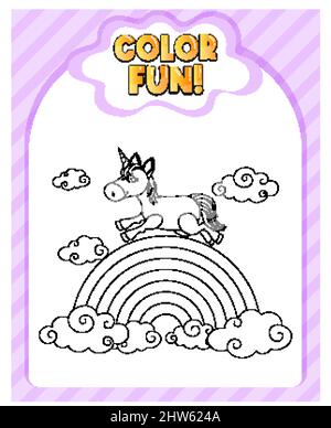 Arbeitsblätter Vorlage mit Farbdauer! Text und Einhorn-Darstellung Stock Vektor