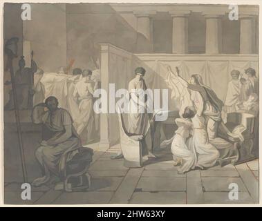 Kunst inspiriert von Study for the Lictors Bringing Brutus the Bodies of His Sons, 1787, Schwarze Kreide, Stift und schwarze und braune Tinte, Pinsel und grau-braune Wäsche, verstärkt mit weißem Gouache, Blatt: 13 1/16 x 16 9/16 Zoll (33,2 x 42,1 cm), Zeichnungen, Jacques Louis David (französisch, Paris 1748–, Klassische Werke, die von Artotop mit einem Schuss Moderne modernisiert wurden. Formen, Farbe und Wert, auffällige visuelle Wirkung auf Kunst. Emotionen durch Freiheit von Kunstwerken auf zeitgemäße Weise. Eine zeitlose Botschaft, die eine wild kreative neue Richtung verfolgt. Künstler, die sich dem digitalen Medium zuwenden und die Artotop NFT erschaffen Stockfoto