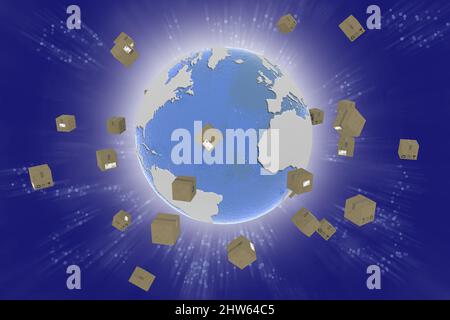 3D-Illustration. Versand um die Welt. Pakete drehen sich um den Globus, um geliefert zu werden. Stockfoto