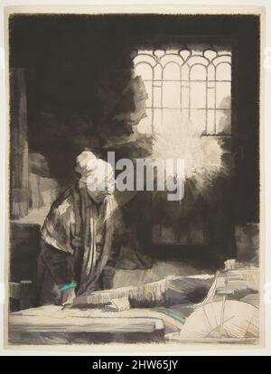 Kunst inspiriert von Einem Gelehrten in seinem Arbeitszimmer ('Faust'), ca. 1652, Ätzen, Trockenpunkt und Graten; dritter Zustand von drei, Blatt: 8 9/16 x 6 9/16 Zoll (21,7 x 16,7 cm), Drucke, Rembrandt (Rembrandt van Rijn) (Niederländisch, Leiden 1606–1669 Amsterdam, Klassische Werke, die von Artotop mit einem Schuss Moderne modernisiert wurden. Formen, Farbe und Wert, auffällige visuelle Wirkung auf Kunst. Emotionen durch Freiheit von Kunstwerken auf zeitgemäße Weise. Eine zeitlose Botschaft, die eine wild kreative neue Richtung verfolgt. Künstler, die sich dem digitalen Medium zuwenden und die Artotop NFT erschaffen Stockfoto