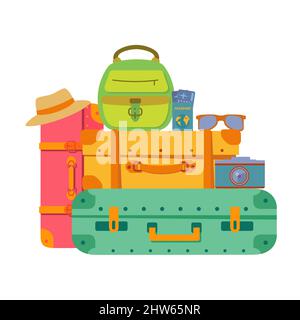 Koffer und Rucksäcke. Taschen für Gepäck.Reisetaschen.Handtasche Urlaub. Stock Vektor