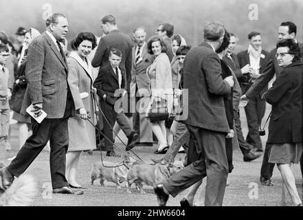 Combermere Cup Final Polo Spiel in Windsor gespielt.Windsor Park besiegte Lowood mit 6 Toren zu 4, um die Trophäe mit Hilfe von Prinz Charles und seinem Vater Prinz Philip zu gewinnen, die beide wichtige Tore während des Spiels erzielten. Ihre Majestät Königin Elizabeth II. Beim Spiel mit ihren Corgi-Hunden, um ihrem Mann und ihrem Sohn beim Wettkampf zuzusehen. 30.. April 1967. Stockfoto