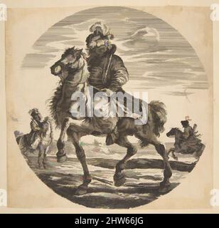 Kunst, inspiriert von dem nach links reitenden ungarischen Reiter, andere Reiter im Hintergrund, kreisförmige Komposition aus 'Figures on Horseback' (Cavaliers Nègres, polonais et hongrois), n.d., Radierung; Rückkopie, Blatt: 6 11/16 × 6 3/4 Zoll (17 × 17,2 cm), Drucke, nach Stefano della, Klassisches Werk, modernisiert von Artotop mit einem Schuss Moderne. Formen, Farbe und Wert, auffällige visuelle Wirkung auf Kunst. Emotionen durch Freiheit von Kunstwerken auf zeitgemäße Weise. Eine zeitlose Botschaft, die eine wild kreative neue Richtung verfolgt. Künstler, die sich dem digitalen Medium zuwenden und die Artotop NFT erschaffen Stockfoto