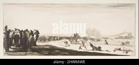 Kunst inspiriert von Einer Prozession von Pferdekutschen nach links, Reitern im Kampf und einem toten Pferd nach rechts, Kampf auf einer Brücke im mittleren Hintergrund, aus 'Peace and war' (Divers deseins tant pour la paix que pour la guerre), ca. 1641, Etchin; zweiter Zustand von zwei, Blatt (, Klassisches Werk, das von Artotop mit einem Schuss Moderne modernisiert wurde. Formen, Farbe und Wert, auffällige visuelle Wirkung auf Kunst. Emotionen durch Freiheit von Kunstwerken auf zeitgemäße Weise. Eine zeitlose Botschaft, die eine wild kreative neue Richtung verfolgt. Künstler, die sich dem digitalen Medium zuwenden und die Artotop NFT erschaffen Stockfoto