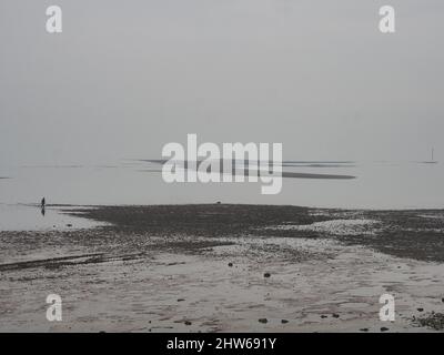 Sheerness, Kent, Großbritannien. 4. März 2022. UK Wetter: Ein nebliger nebliger Morgen und eine extrem niedrige Flut in Sheerness, Kent. Ein Köder-Bagger bei Ebbe. Kredit: James Bell/Alamy Live Nachrichten Stockfoto