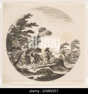 Kunst inspiriert von Platte 3: Ein Sturm im Wald, zwei Reiter in ihren Mänteln gewickelt, der Wind weht von der linken Seite, eine runde Komposition, aus 'römischen Landschaften und Ruinen' (Paysages et ruines de Rome), ca. 1646, Radierung; zweiter Zustand von sechs (De Vesme), Platte: 5 3/16 × 5 1/4 in, Klassisches Werk, modernisiert von Artotop mit einem Schuss Moderne. Formen, Farbe und Wert, auffällige visuelle Wirkung auf Kunst. Emotionen durch Freiheit von Kunstwerken auf zeitgemäße Weise. Eine zeitlose Botschaft, die eine wild kreative neue Richtung verfolgt. Künstler, die sich dem digitalen Medium zuwenden und die Artotop NFT erschaffen Stockfoto