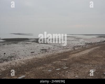 Sheerness, Kent, Großbritannien. 4. März 2022. UK Wetter: Ein nebliger nebliger Morgen und eine extrem niedrige Flut in Sheerness, Kent. Kredit: James Bell/Alamy Live Nachrichten Stockfoto