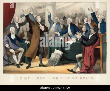 Kunst inspiriert von Give Me Liberty oder Give Me Death! – Patrick Henry hält seine großartige Rede über die Rechte der Kolonien vor der Virginia Assembly, die am 23.. März 1775 in Richmond einberufen wurde. Abschließend mit dem obigen Gefühl, das zum Kriegsruf der Revolution wurde, 1876, Hand-, Classic Works modernisiert von Artotop mit einem Schuss Moderne. Formen, Farbe und Wert, auffällige visuelle Wirkung auf Kunst. Emotionen durch Freiheit von Kunstwerken auf zeitgemäße Weise. Eine zeitlose Botschaft, die eine wild kreative neue Richtung verfolgt. Künstler, die sich dem digitalen Medium zuwenden und die Artotop NFT erschaffen Stockfoto