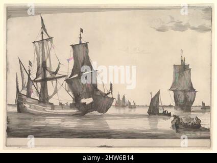 Kunst inspiriert von großem Segelschiff und Ruderboot, 17.. Jahrhundert, Radierung; Zustand I, Blatt: 8 3/8 x 12 1/16 Zoll (21,3 x 30,7 cm), Drucke, Reinier Nooms, genannt Zeeman (Niederländisch, Amsterdam ca. 1623–1664 Amsterdam, Klassisches von Artotop modernisiertes Werk mit einem Schuss Moderne. Formen, Farbe und Wert, auffällige visuelle Wirkung auf Kunst. Emotionen durch Freiheit von Kunstwerken auf zeitgemäße Weise. Eine zeitlose Botschaft, die eine wild kreative neue Richtung verfolgt. Künstler, die sich dem digitalen Medium zuwenden und die Artotop NFT erschaffen Stockfoto